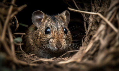 Mischievous Degu in the Tunnels: Portrait of Genus Octodon. Degu (genus Octodon) captured scurrying through a maze of intricate tunnels with a mischievous glint in its eye. Generative AI