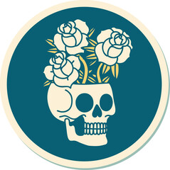 sticker of tattoo in traditional style of a skull and roses