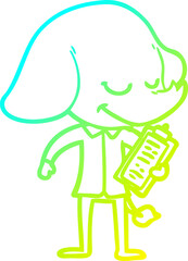 cold gradient line drawing of a cartoon smiling elephant with clipboard