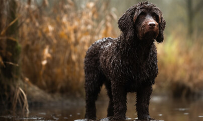 photo of curly-coated retriever standing in water. Generative AI