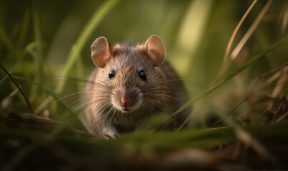 Naklejka na ściany i meble Photo of cotton rat, genus Sigmodon, captured in naturalistic environment of tall grass & bushes, with its curious eyes & soft fur meticulously detailed, showcasing its characteristics. Generative AI
