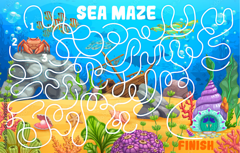 Poster labyrinth maze cartoon underwater landscape and animals. kids vector board game worksheet help carto