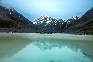 Aoraki Mount Cook Peak and glacial lagoon, Aoraki Mount Cook National Park in the South Island of New Zealand.
