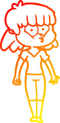 warm gradient line drawing of a cartoon whistling girl