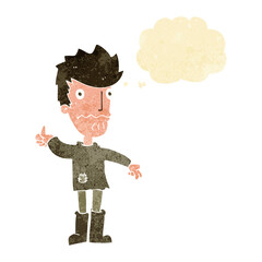 cartoon worried man giving thumbs up symbol with thought bubble