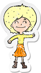 retro distressed sticker of a cartoon happy girl giving thumbs up symbol
