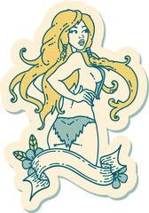 Obraz na płótnie Canvas sticker of tattoo in traditional style of a pinup viking girl with banner