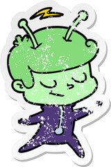 distressed sticker of a friendly cartoon spaceman dancing