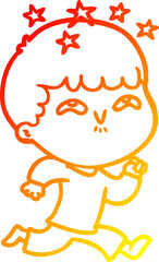 warm gradient line drawing of a cartoon amazed boy
