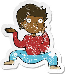 retro distressed sticker of a cartoon boy doing crazy dance