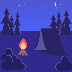 Camping concept art. Flat style illustration of beautiful landscape, lake, mountains, forest, tent, and a campfire. Design for banner, poster, website, emblem, logo and others.