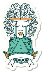 sticker of a sad elf barbarian character with natural one roll