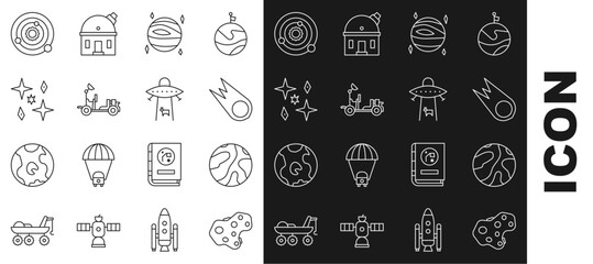 Set line Asteroid, Falling stars, Comet falling down fast, Planet Venus, Mars rover, Solar system and icon. Vector