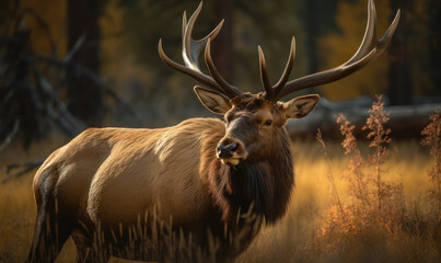 photo of American elk standing in high grass on forest background. Generative AI