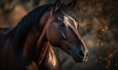 close up photo of Criollo, horse breed of Argentina on blurry forest background. Generative AI