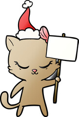 cute hand drawn gradient cartoon of a cat with sign wearing santa hat