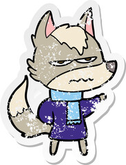 distressed sticker of a cartoon annoyed wolf
