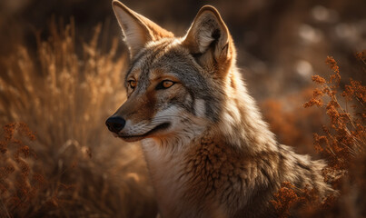 Obraz premium sunset close up photo of coyote amongst tall grass. Generative AI