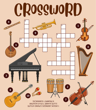 Musical instruments crossword puzzle worksheet. Vector word quiz game grid, music education riddle with cartoon guitar, piano, violin and harp, trumpet, flute, maracas and lute, cello and bongo drums