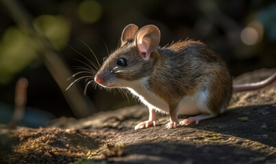 Photo of deer mouse (genus Peromyscus) perched on rock in sun-dappled forest, nibbling on a seed with its delicate paws emphasizing fine details of mouse's fur & texture of the rock. Generative AI
