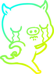 cold gradient line drawing of a cartoon running pig crying
