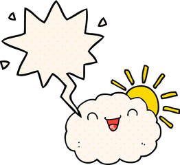 happy cartoon cloud with speech bubble in comic book style