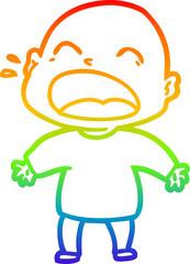 rainbow gradient line drawing of a cartoon shouting bald man
