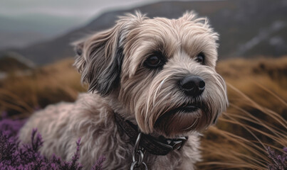 Naklejka na ściany i meble Highland Dream: Photo of Dandie Dinmont terrier, captured in a rolling Scottish moor, with wind-swept heather and misty mountains in the background. Generative AI
