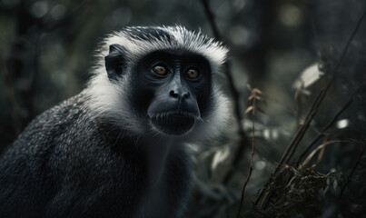 Photo of DeBrazza's monkey, captured in its natural habitat of dense African forests. image showcasing its striking black and white facial markings. Generative AI