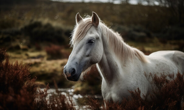close up photo of Connemara, breed of pony, in its natural habitat. Generative AI