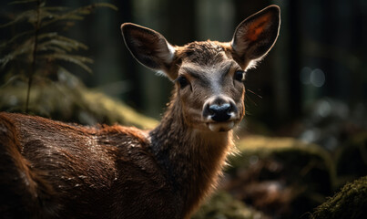 close up photo of deer on blurry forest background. Generative AI