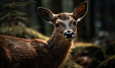 Fototapeta premium close up photo of deer on blurry forest background. Generative AI
