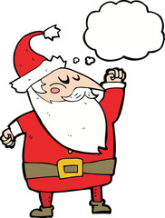 cartoon santa claus punching air with thought bubble