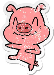 distressed sticker of a nervous cartoon pig dancing