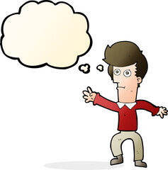cartoon man waving with thought bubble