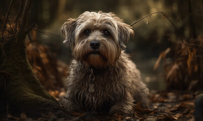 Naklejka na ściany i meble photo of Dandie Dinmont terrier sitting on a forest path. Generative AI