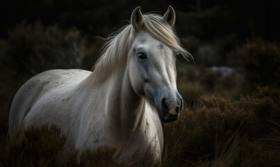 Obraz na płótnie Canvas close up photo of Connemara, breed of pony, in its natural habitat. Generative AI