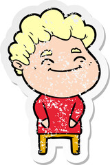 distressed sticker of a cartoon friendly man