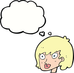 cartoon happy female face with thought bubble