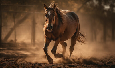 Obraz na płótnie Canvas Cutting horse majestically maneuvering through dusty corral showing its agility & precision. composition highlights horse's natural talent & rugged Western landscape typical of its breed Generative AI