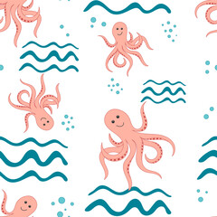 Seamless Pattern with Octopuses and Sea waves. Summer colorful hand Drawn cartoon Background. Animals of the Underwater world