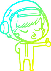 cold gradient line drawing of a cartoon pretty astronaut girl giving thumbs up