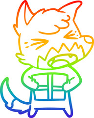 rainbow gradient line drawing of a angry cartoon fox with christmas present