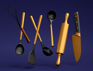 Wooden kitchen utensils, tools and equipment on blue background.