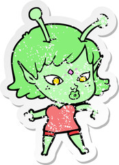 distressed sticker of a pretty cartoon alien girl