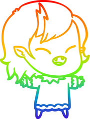 rainbow gradient line drawing of a cartoon laughing vampire girl