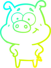cold gradient line drawing of a happy cartoon pig