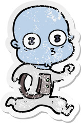 Obraz premium distressed sticker of a cartoon weird bald spaceman running
