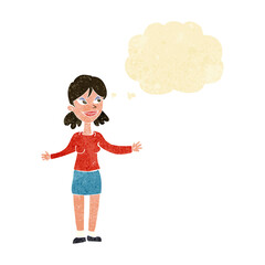 cartoon happy woman shrugging shoulders with thought bubble