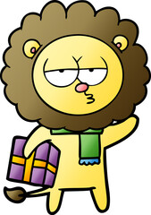 cartoon tired lion with gift